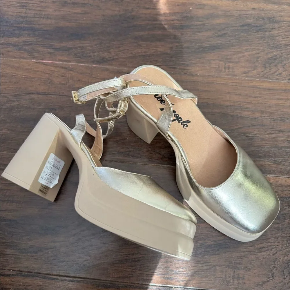 Free People Double Stack Platform Mary Janes GOLD 37